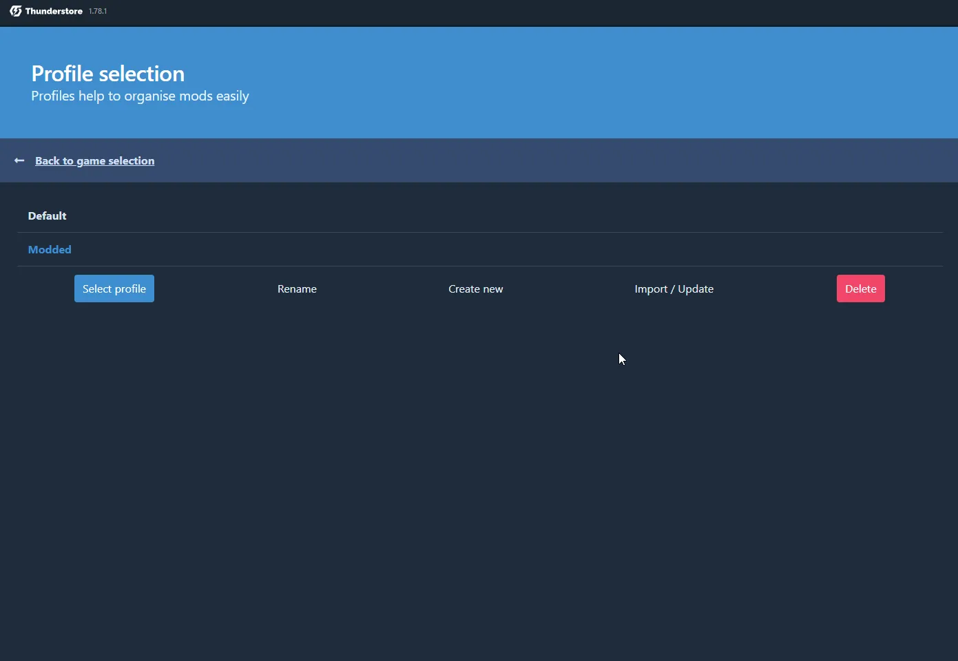 Screenshot of the Thunderstore Mod Manager interface showing a pop-up window titled "How are you importing a profile?" The window offers two options: "From file" and "From code," displayed as blue buttons. A cursor is hovering over the "From file" button, indicating selection. The background is dimmed, with the "Profile selection" section visible, including profiles labeled "Default" and "Modded." Other options like "Rename," "Create new," "Import/Update," and "Delete" are partially visible in the background.