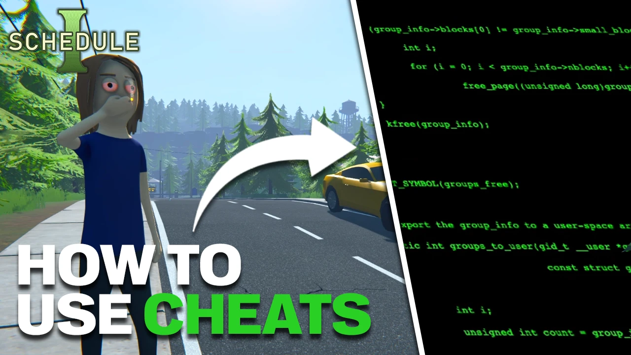 A split-screen tutorial image for the game “Schedule I” showing how to use cheats. On the left side is a 3D cartoon character with red eyes and a distinctive face shape wearing a blue shirt, standing on a sidewalk in a forested environment with a yellow car visible on the road. The words “SCHEDULE I” appear at the top and “HOW TO USE CHEATS” at the bottom with “CHEATS” highlighted in green. A white arrow points to the right side of the image, which displays green programming code on a black background related to memory management functions. The image is designed as a guide for implementing cheats in the game.