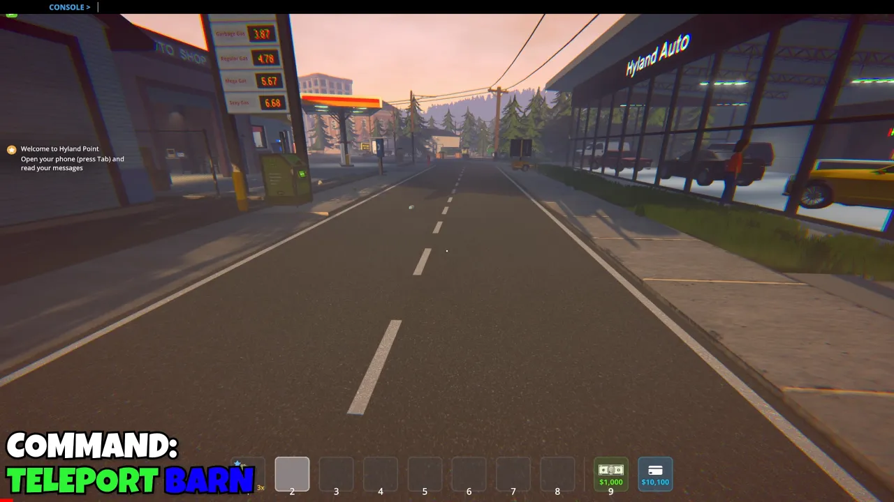 Screenshot of a gas station in Schedule 1, showing fuel prices and the Auto Shop building in the background. The console at the top displays the command ‘teleport barn,’ and a message on the left welcomes the player to Hyland Point.