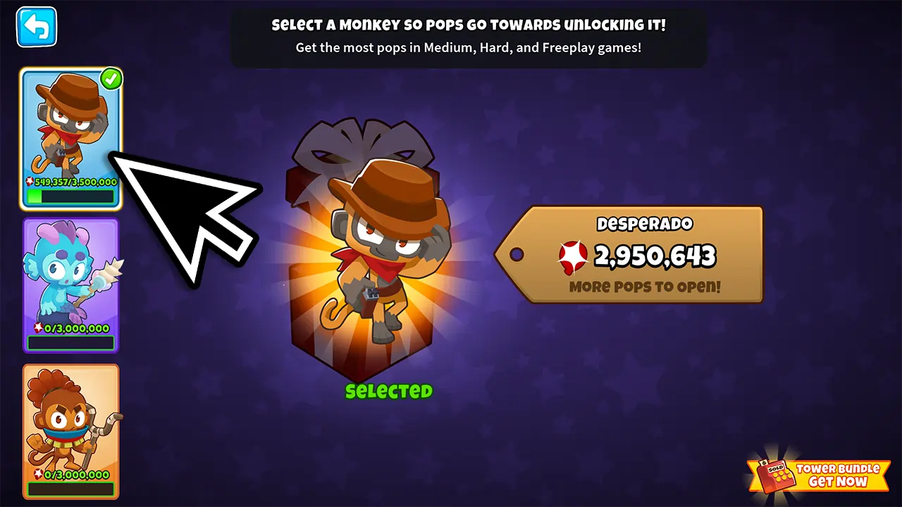 Image showing the in-game menu to select a monkey for pops to unlock new towers faster in BTD6, featuring the Dartling Gunner, Beast Handler, and Mermonkey, with an emphasis on reaching 3 million pops for each