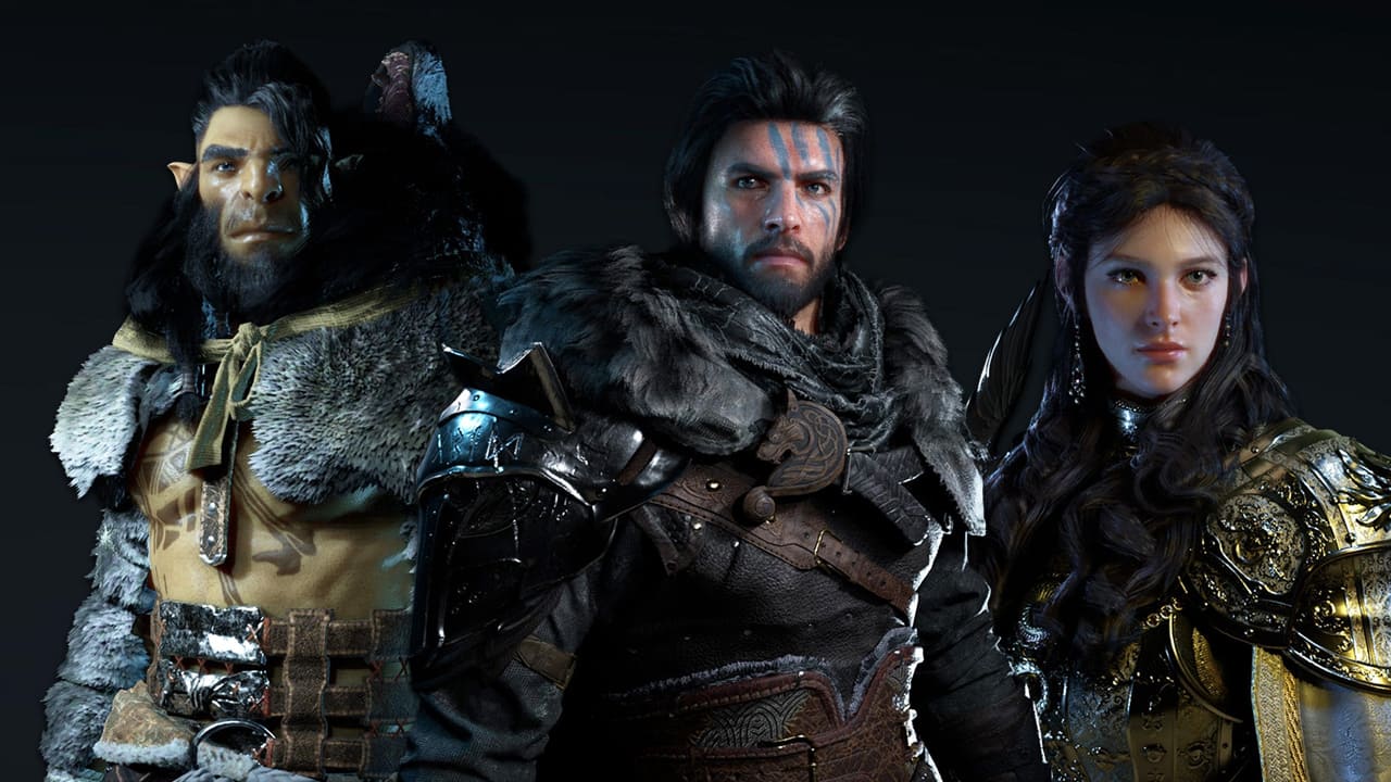 Side-by-side character showcase from Crimson Desert featuring Kliff, Damiane, and Oongka