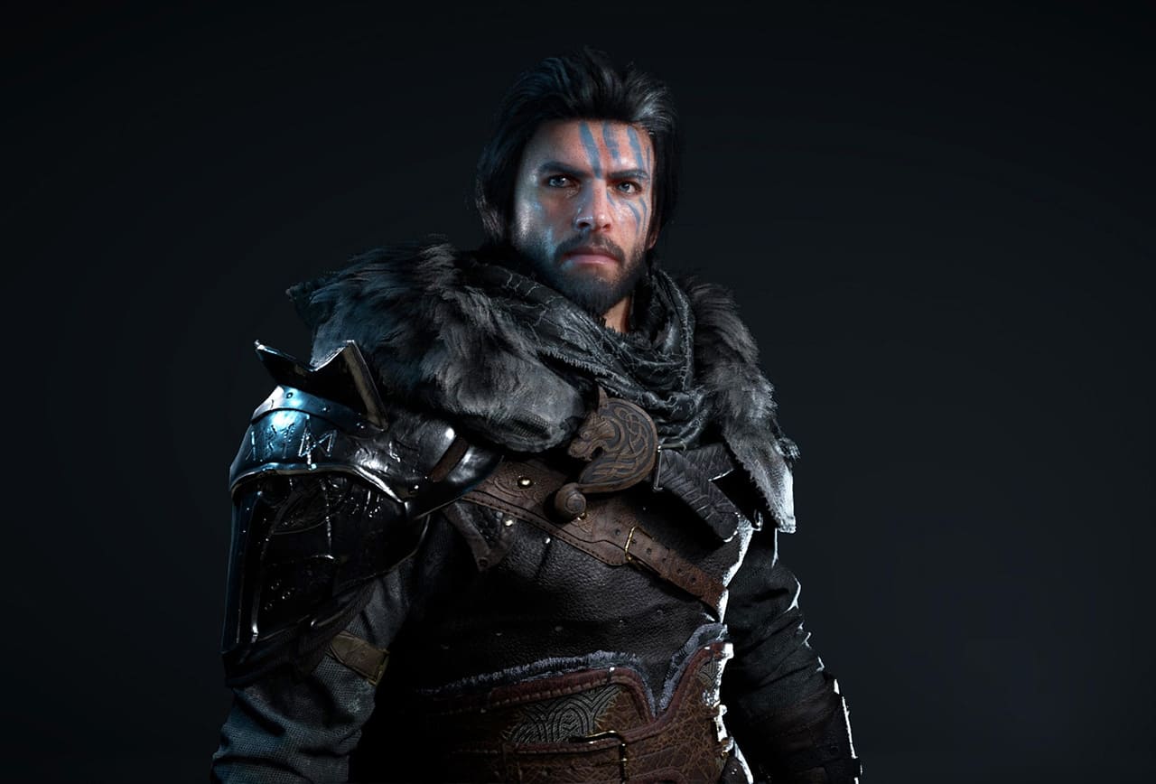 Black Desert Online male warrior character with blue face war paint and Norse-inspired leather and fur armor against a dark background