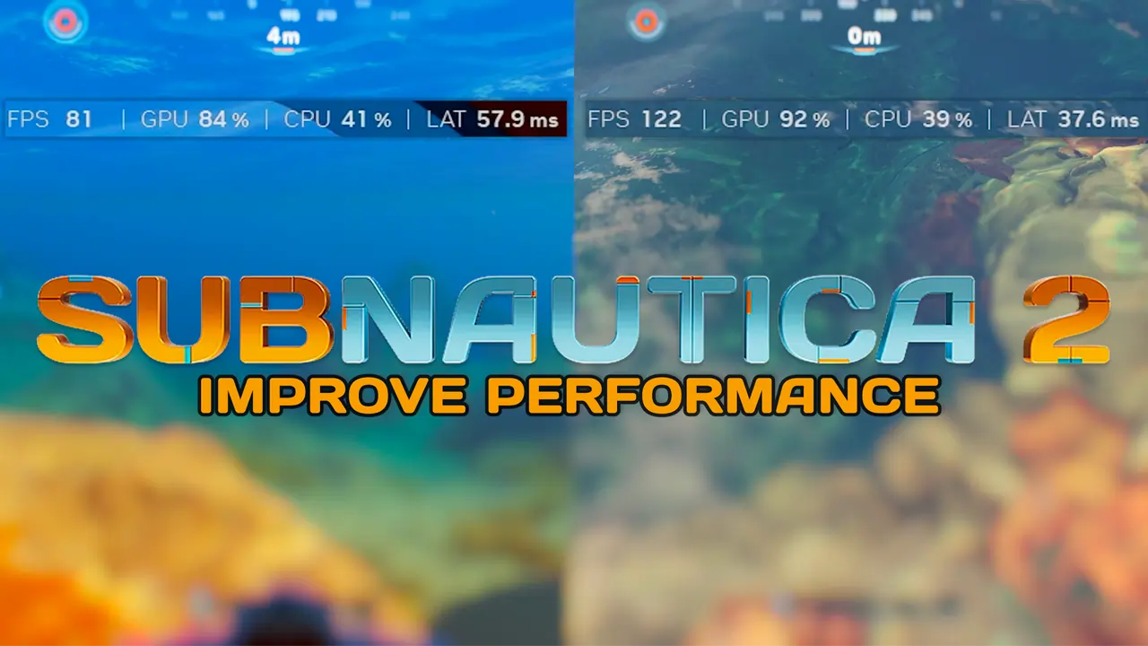 Subnautica 2 improve performance comparison thumbnail showing FPS counter increasing from 81 to 122 with GPU usage going from 84% to 92% on split-screen underwater gameplay