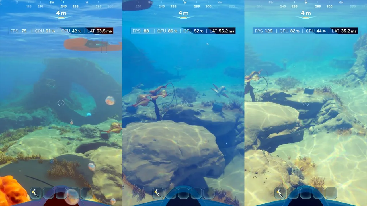 Subnautica 2 FPS comparison showing 75 FPS unmodded, 88 FPS on Balanced, and 129 FPS on Ultra Performance preset at the same location