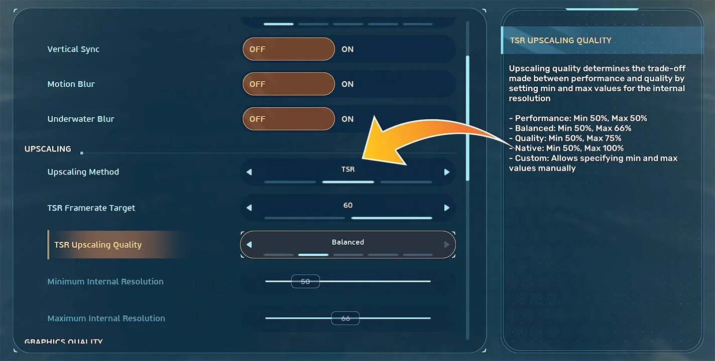 Subnautica 2 video settings menu with TSR upscaling enabled and quality set to Balanced for better FPS