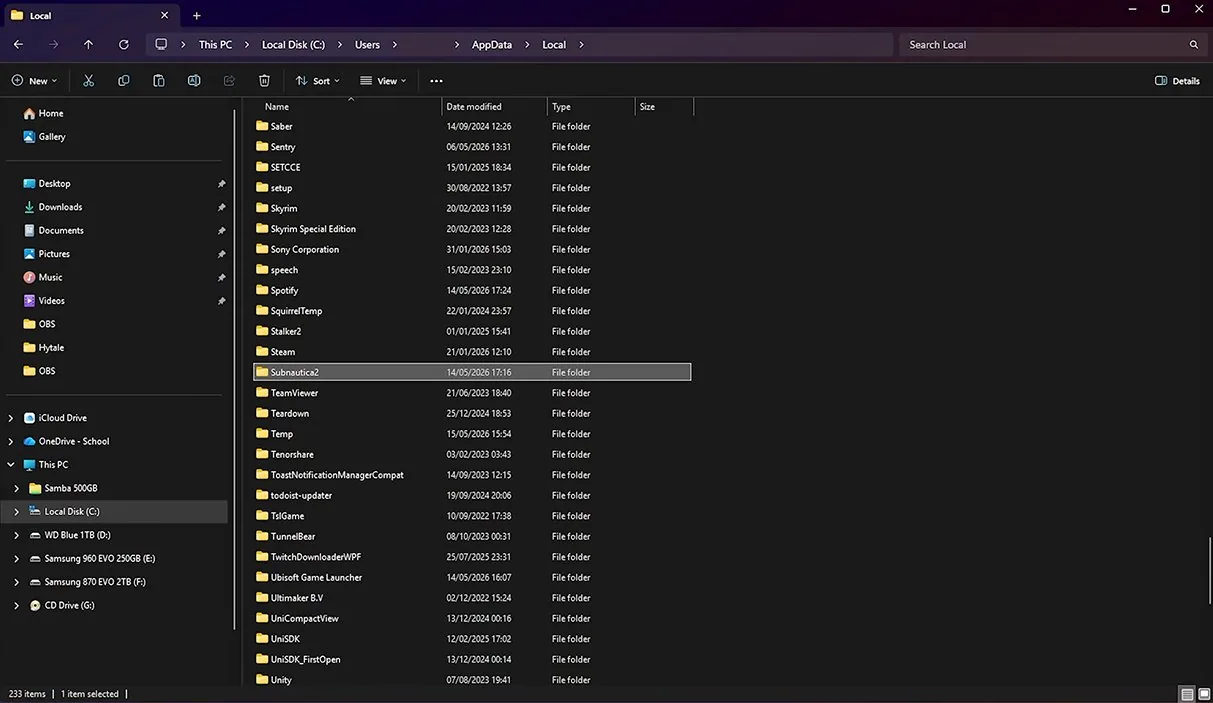 Windows File Explorer in the Local AppData folder with the Subnautica2 folder selected