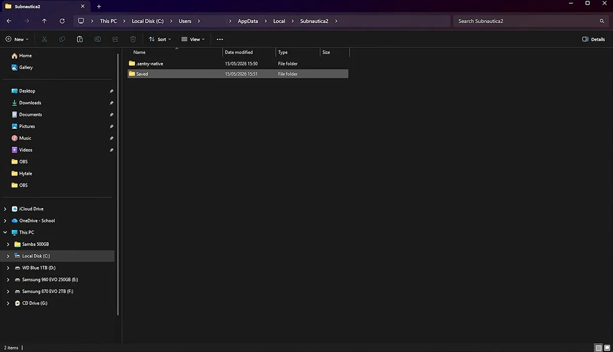 The Subnautica2 AppData folder showing the Saved folder used for backing up save files