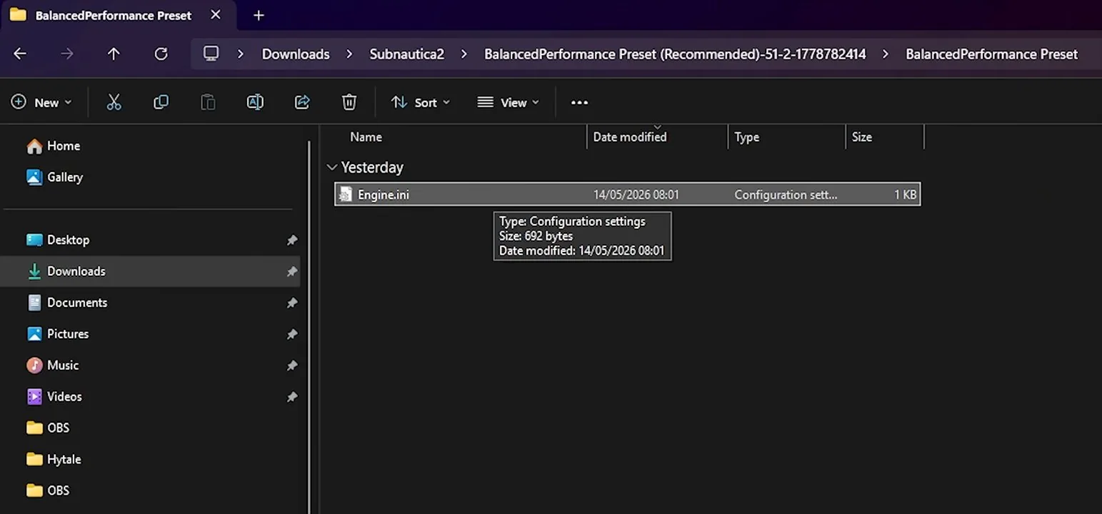 Extracted Subnautica 2 performance mod folder showing the Engine.ini configuration file
