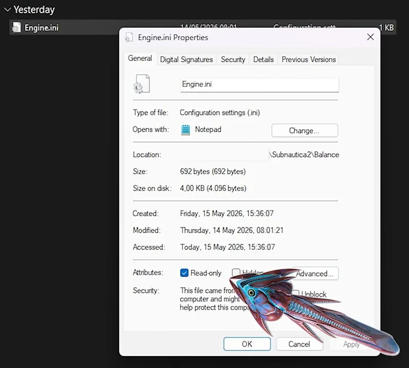 ngine.ini Properties window in Windows with the Read-only attribute checkbox enabled