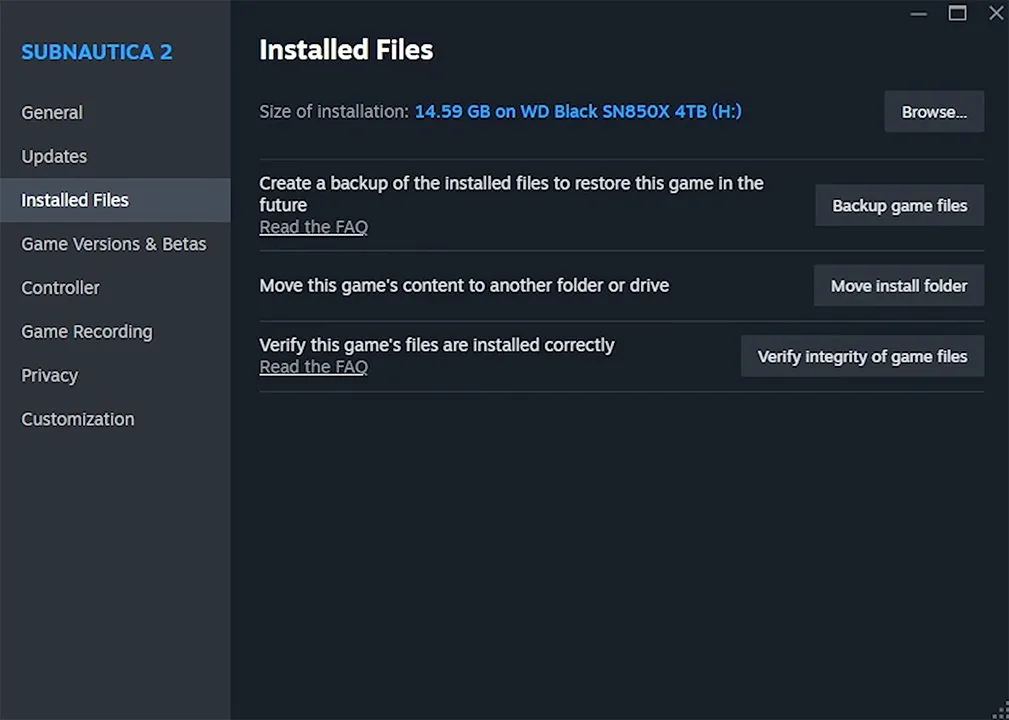 Steam Subnautica 2 Installed Files tab with the Verify integrity of game files button