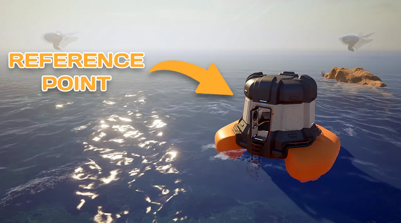 Lifepod floating on the ocean surface in Subnautica 2, marked as the starting reference point with airships visible in the sky