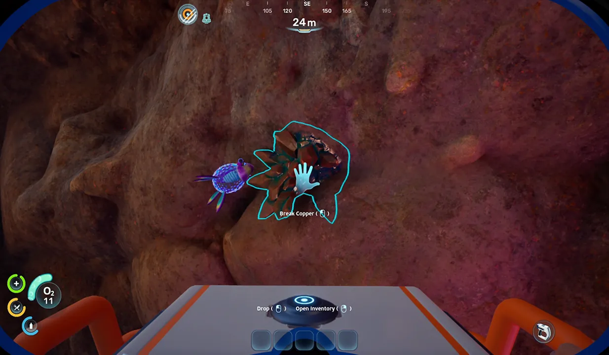 Copper ore node outlined for harvesting on a cave wall in Subnautica 2 with the "Break Copper" prompt at 24 meters