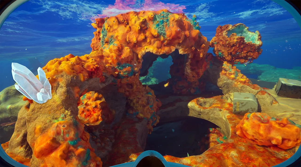 Quartz crystals growing on orange coral domes in the shallow biome of Subnautica 2