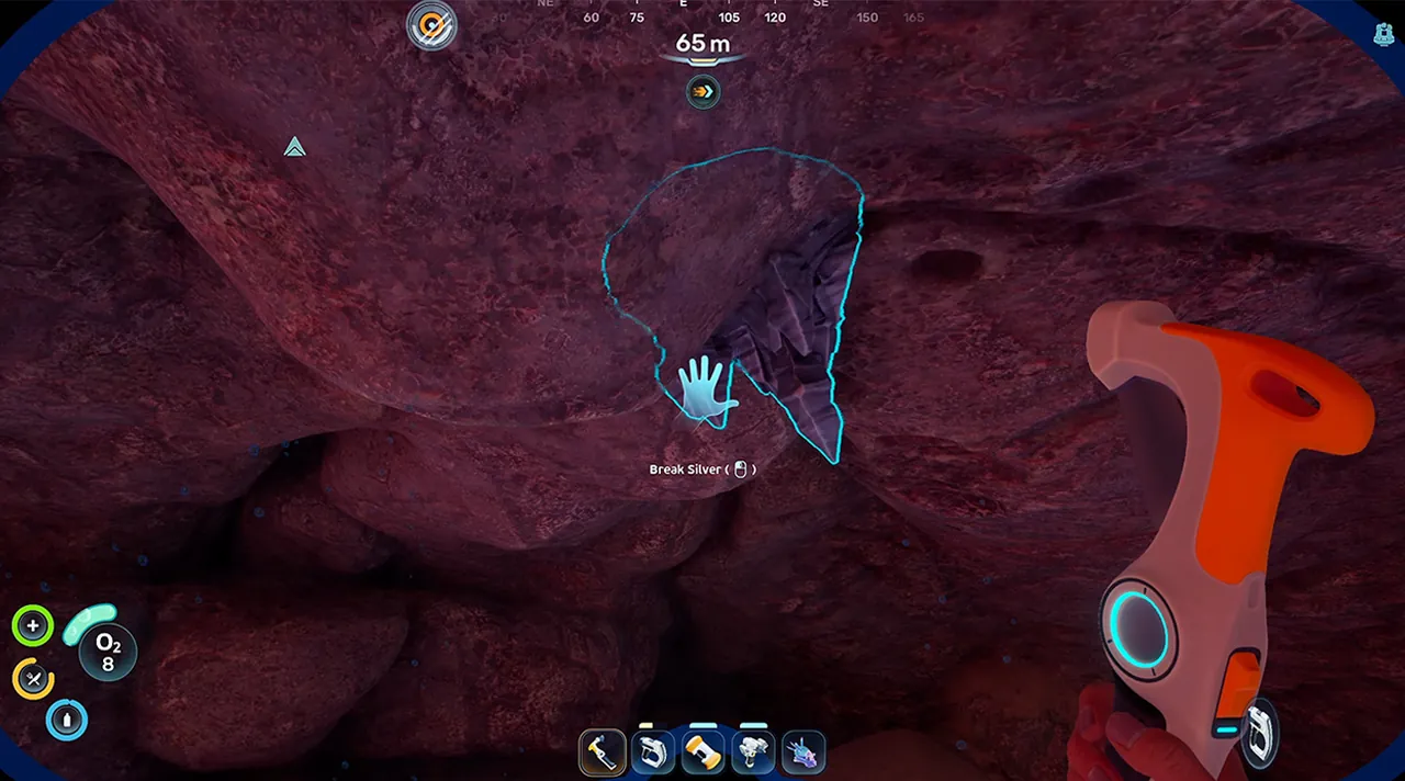 Silver ore deposit outlined on a red cave wall in Subnautica 2 with the "Break Silver" prompt at 65 meters