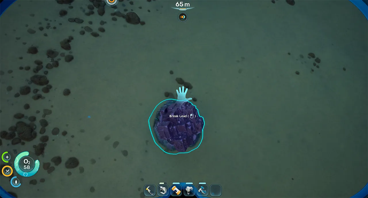 Purple Lead deposit outlined on the open seabed in Subnautica 2 with the "Break Lead" prompt at 65 meters