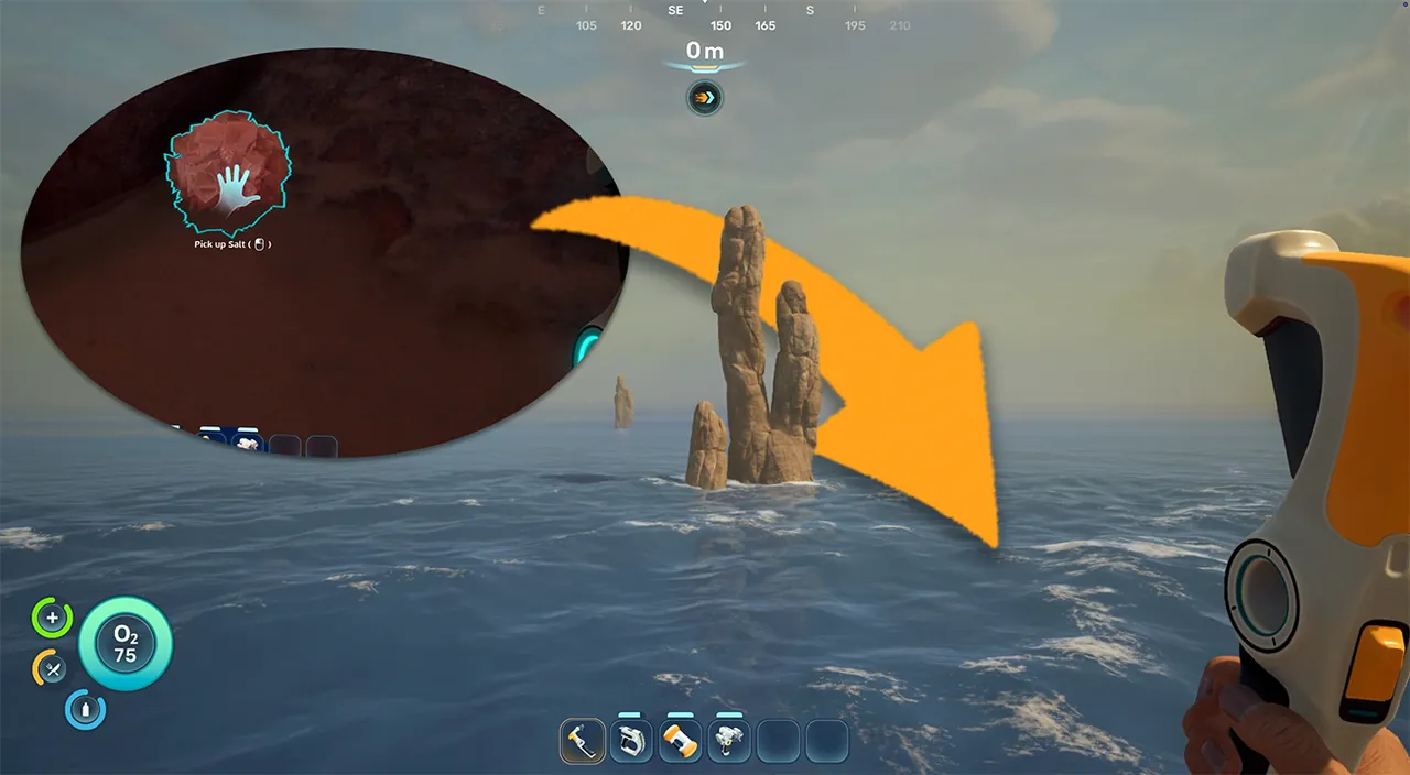 Tall rock pillars southeast of the lifepod in Subnautica 2 with an inset showing the "Pick up Salt" prompt on a salt node