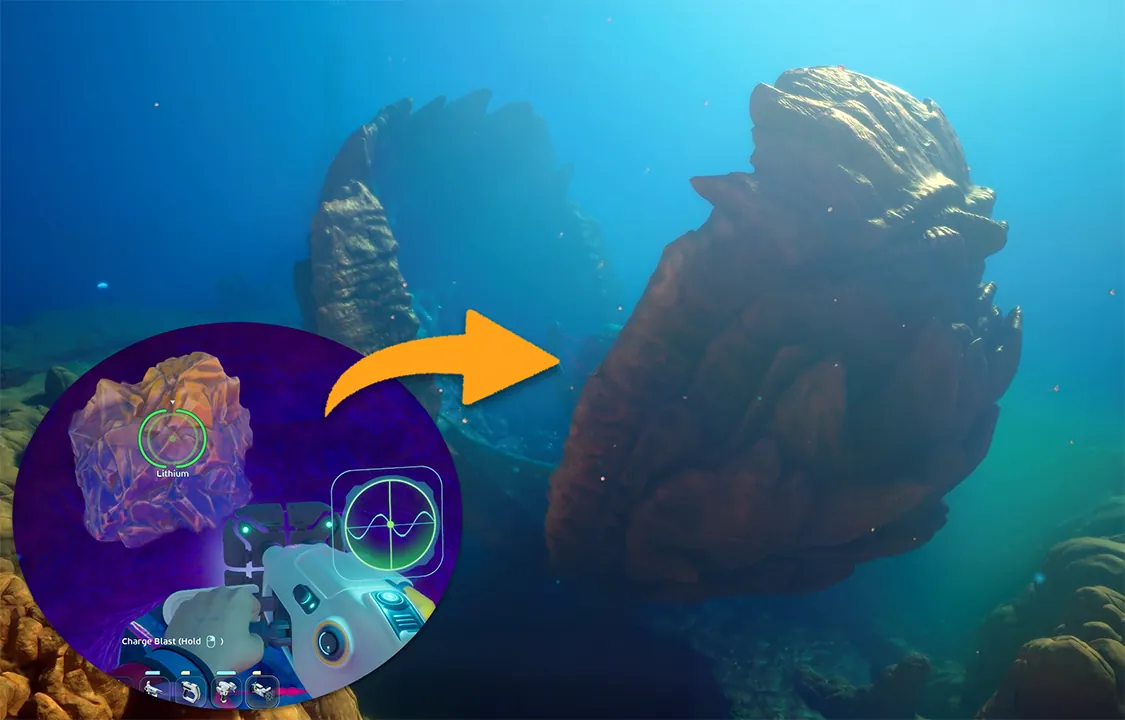 The clam-like Great Jaw structure in Subnautica 2 with an inset showing Lithium being scanned inside it