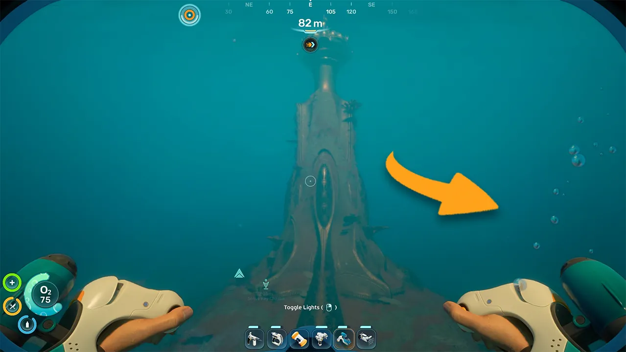 Alien ruins tower east of the lifepod in Subnautica 2 with an arrow pointing toward the Celestine ledge at 82 meters