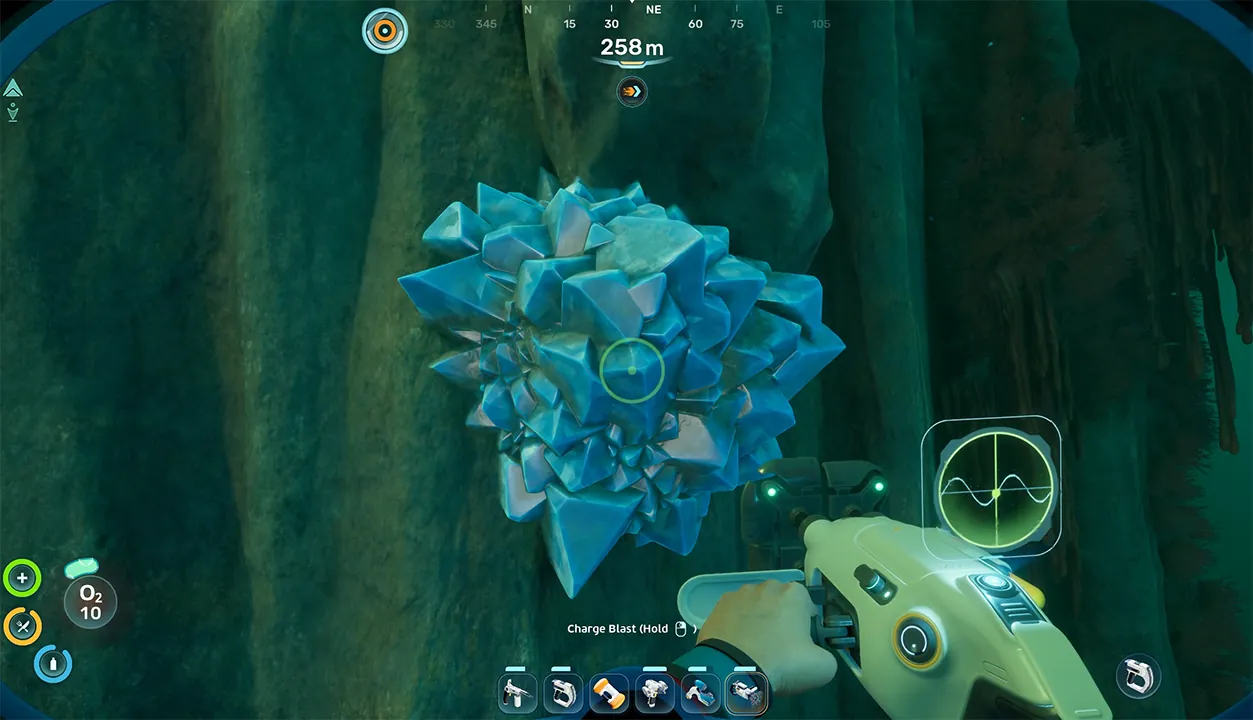 Cluster of blue Celestine crystals on a wall in Subnautica 2 targeted by the Sonic Resonator at 258 meters