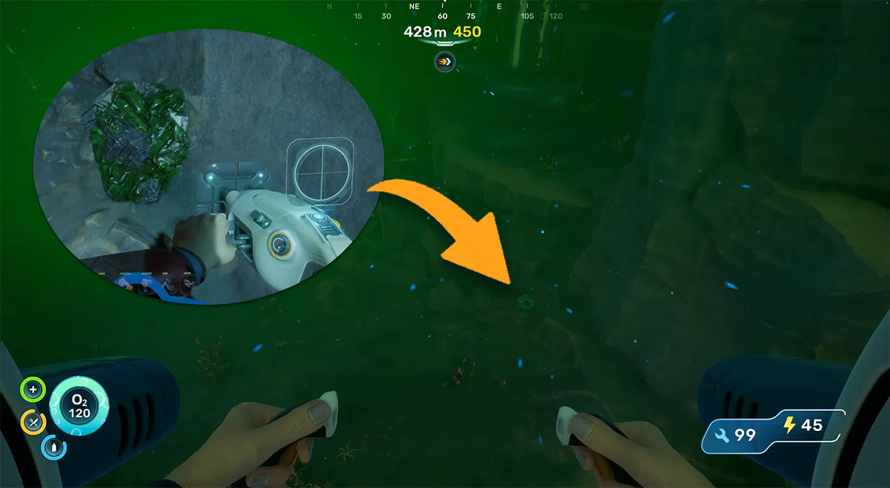 Troilite node near the Metal Farm area in Subnautica 2 with an inset close-up of the green ore at 428 meters