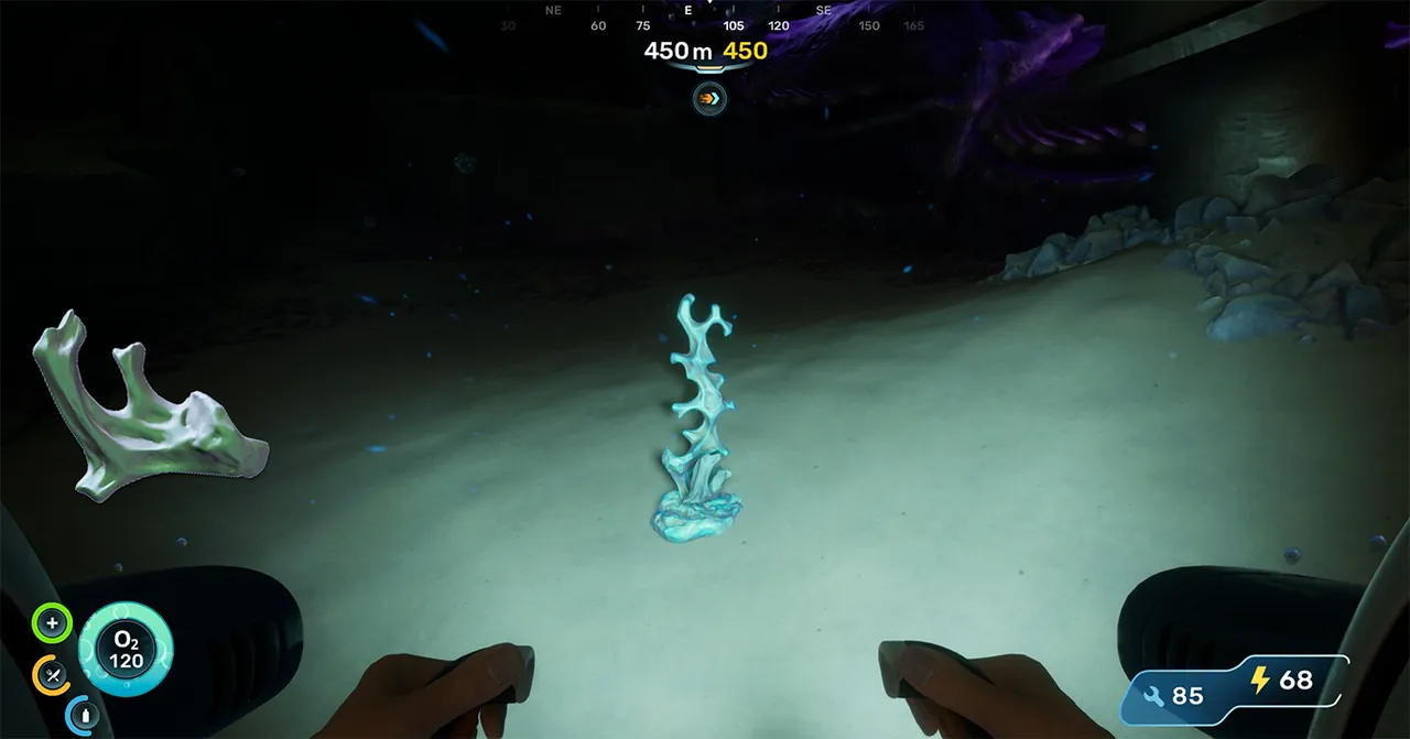 Glowing blue Conduit Crystal standing on the seafloor below the alien power plant in Subnautica 2 at 450 meters