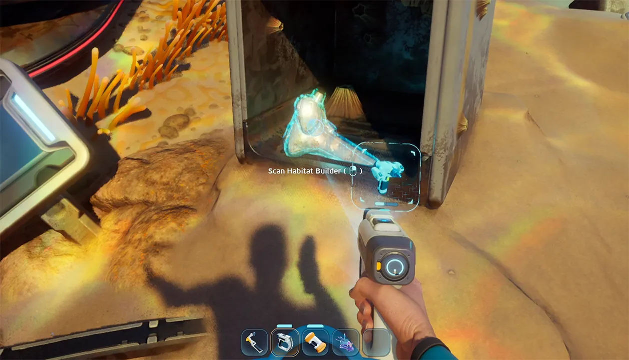 Scanning a Habitat Builder fragment with the scanner tool in Subnautica 2