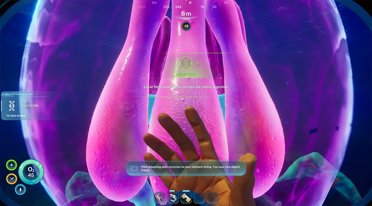 Digestion adaptation unlock screen in Subnautica 2 showing the message that local flora and fauna can now be safely digested
