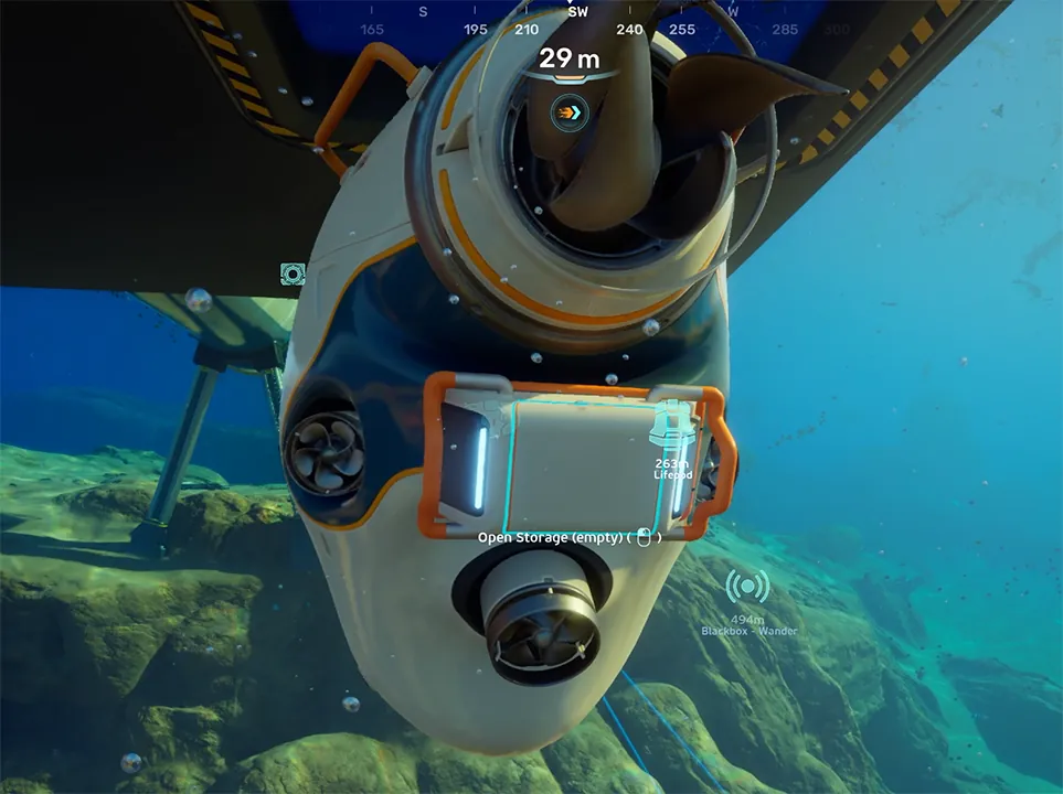 The Tadpole mini-submarine docked beneath a base in Subnautica 2 with storage open and waypoint markers to the lifepod