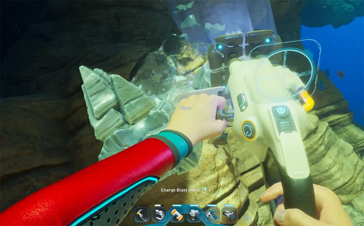 Using the Sonic Resonator to break a large Silver deposit from the Tadpole in Subnautica 2
