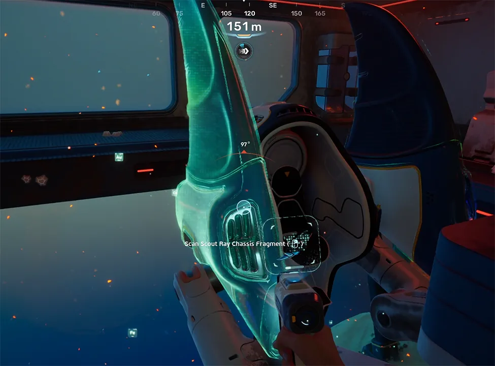 Scanning a Scout Ray Chassis fragment inside a wreck interior in Subnautica 2 at 151 meters