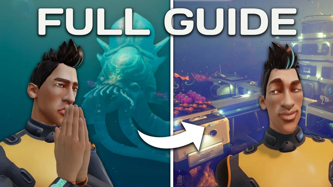 Subnautica 2 'FULL GUIDE' video thumbnail with a nervous diver facing a leviathan beside a confident diver inside a built-up base
