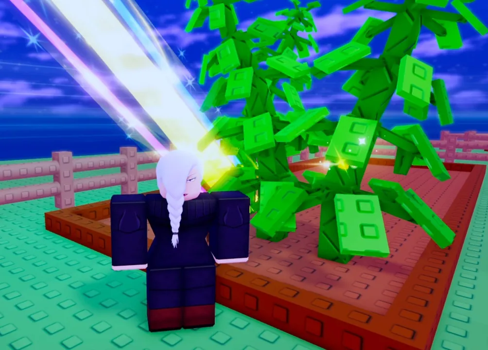 Roblox character harvesting a Green Bean plant in Grow a Garden, with rainbow light beams and sparkle effects during the harvest animation
