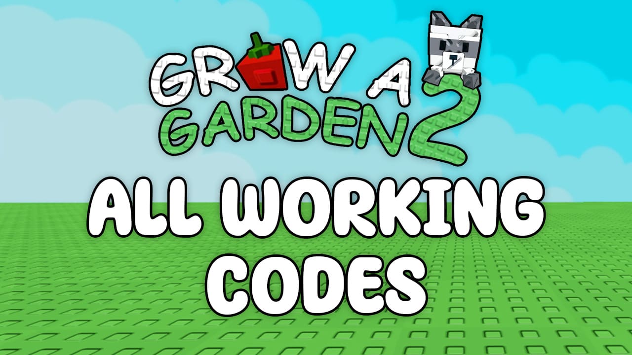 Thumbnail for a Grow a Garden 2 Roblox guide showing the game logo with a blocky wolf character and large text reading 'ALL WORKING CODES' on a green baseplate background under a blue sky.