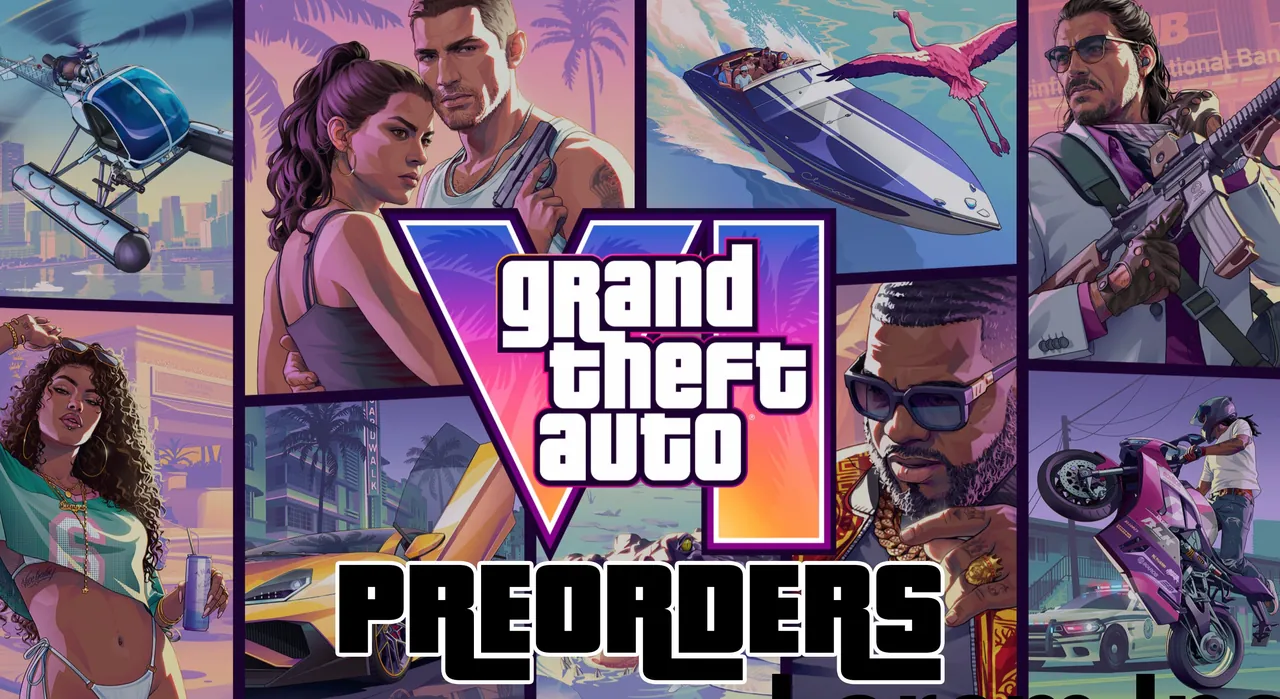 GTA 6 preorders banner showing the Grand Theft Auto VI Vice City cover art collage with the word PREORDERS in bold below the logo