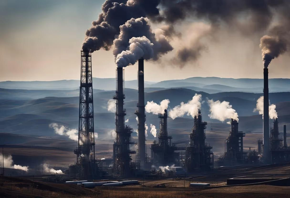 A landscape with coal mines, oil rigs, and gas pipelines, emitting smoke and fumes into the air