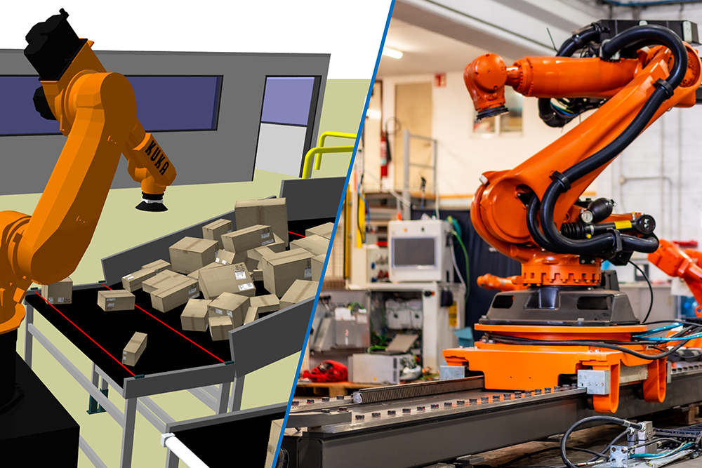 A side-by-side of a digital twin depicting a robotic arm in a warehouse/logistics operation and the same robotic arm in real life.