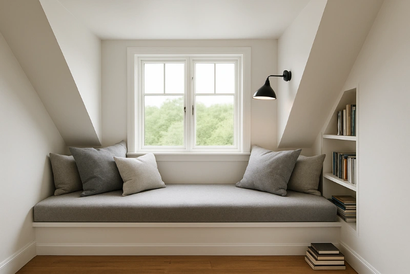Dormer window nook with built-in daybed, soft grey cushions, wall lamp, wooden floor, and books stacked on side shelves.