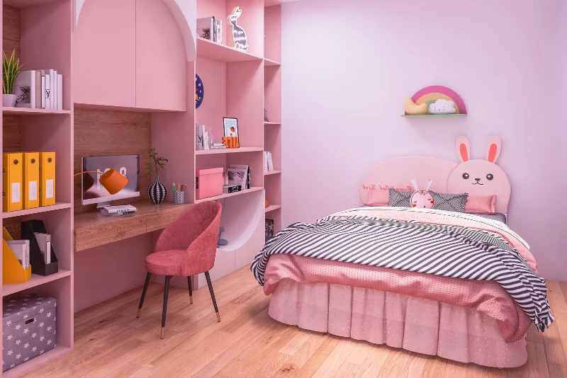 Children’s loft bedroom with rear dormer, built-in bunk beds, under-seat toy storage, colourful cushions, and skylight window.