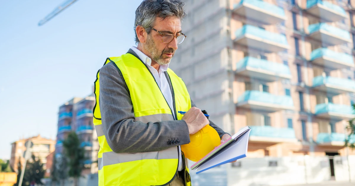 Building control. Construction supervisor in a reflective vest holding a yellow hard hat and writing on a clipboard near a building site.
