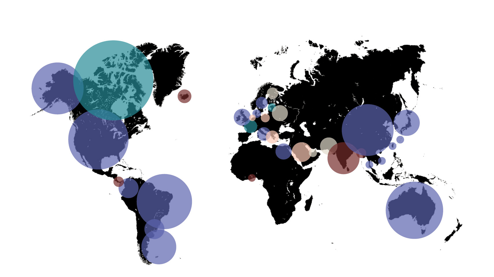 World map in black with various sized translucent colored circles overlaying different countries across North America, South America, Europe, Asia, and Australia.