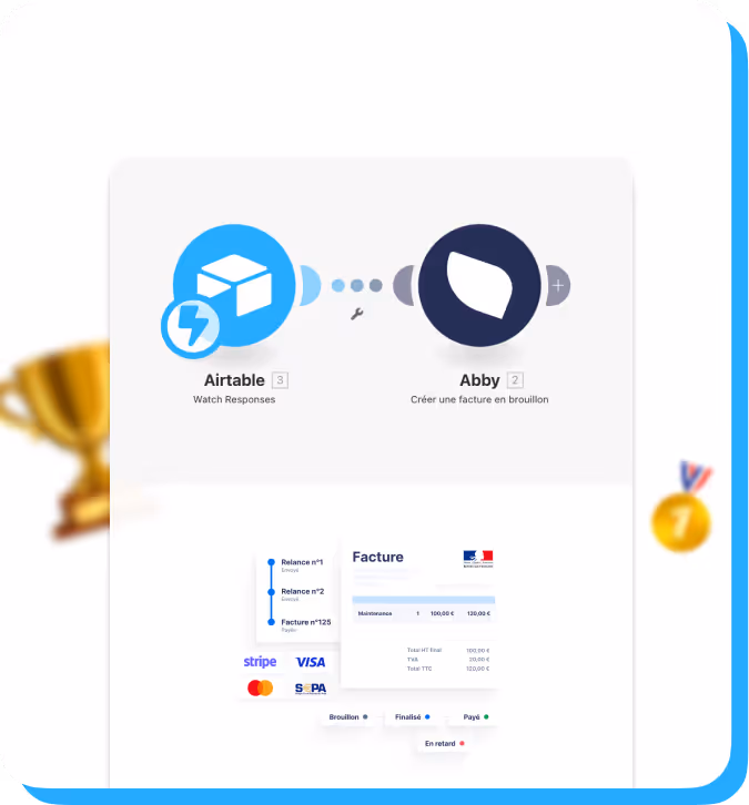 Interface montrant une intégration entre Airtable et Abby avec un exemple de facture incluant des détails de paiement et états comme brouillon, finalisé, payé et en retard.