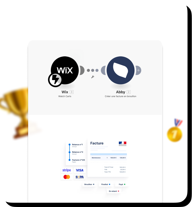 Schéma de connexion entre Wix et Abby montrant la création d’une facture en brouillon avec un exemple de facture et des logos de moyens de paiement.