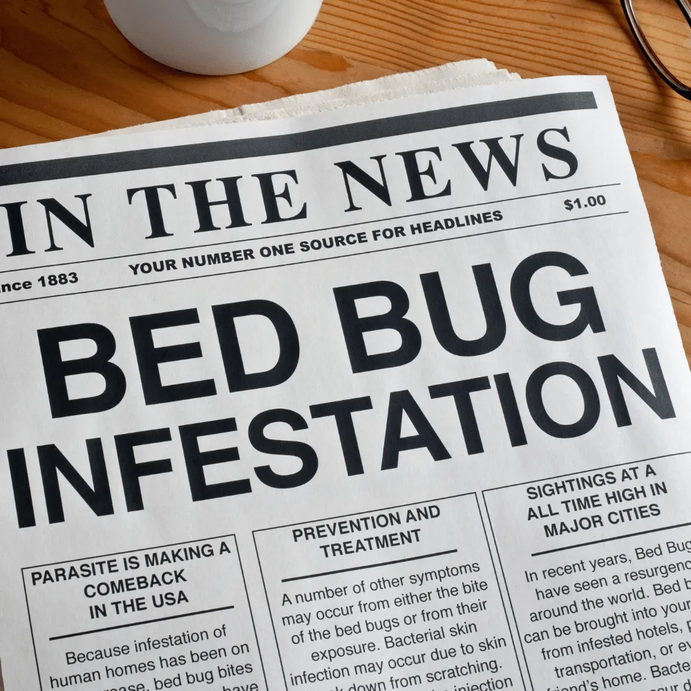 A newspaper with a headline "bed bug infestation" 