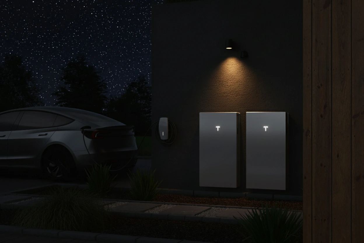A Tesla vehicle plugged into an EV charger at night on the side of a house featuring two Tesla Powerwall batteries on the wall.