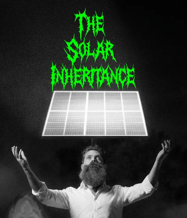 Co-Founder David Green standing in front of a solar panel placed in a grave yard, next to the bright green The Solar Inheritance logo.