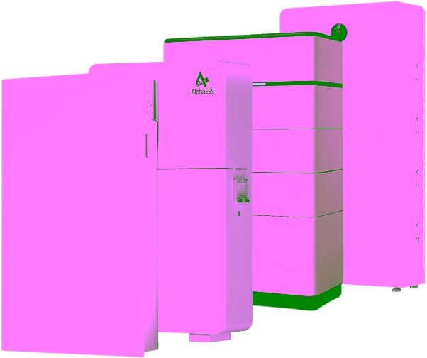 AlphaESS, Tesla, Sungrow and Goodwe solar batteries standing alongside each other.