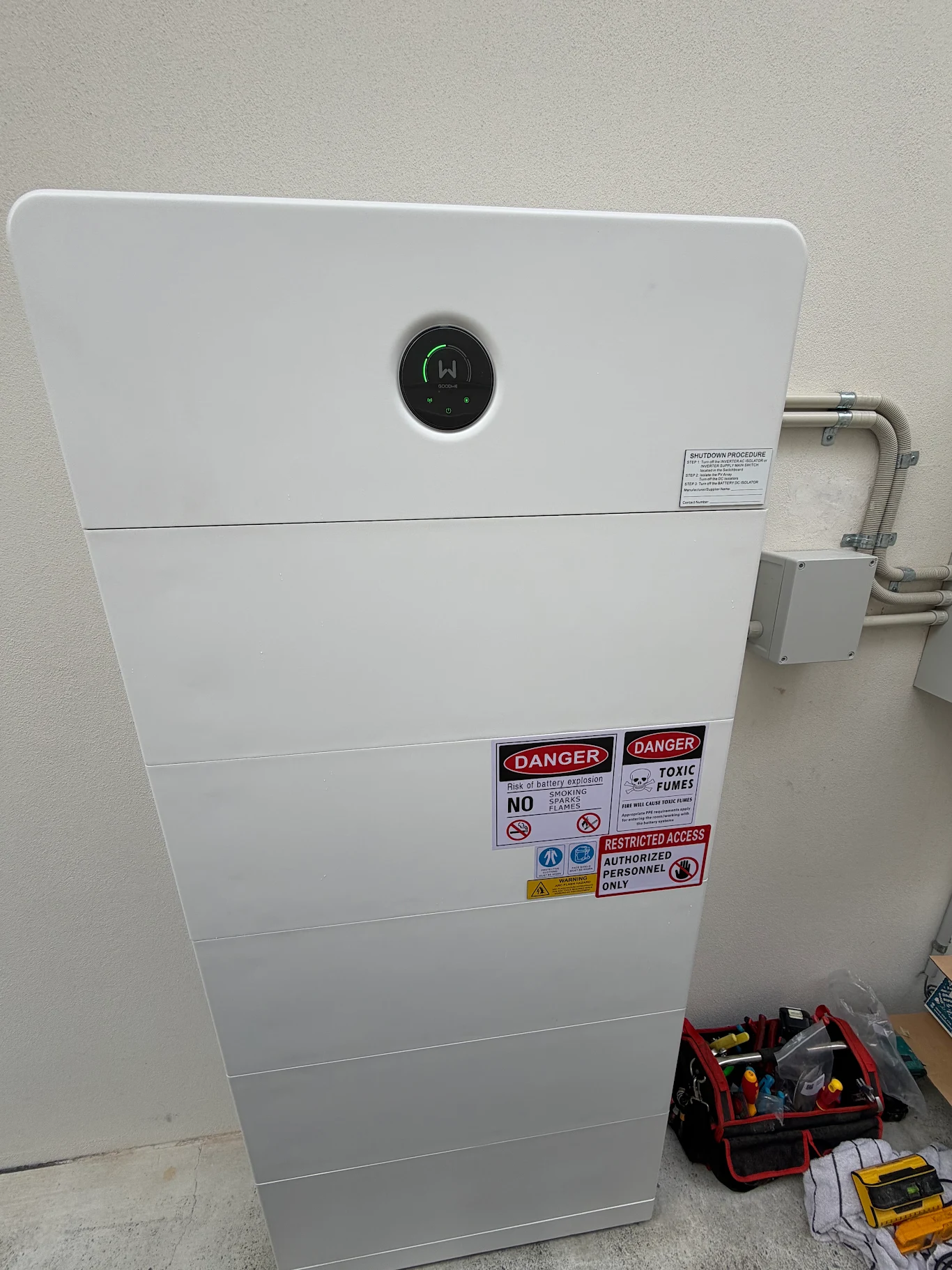 Goodwe ESA battery installed against a white wall