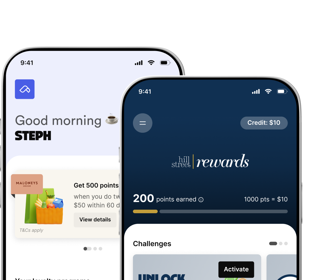 Two phones showing a rewards app: points earned, credit balance, and a challenge to activate for rewards.