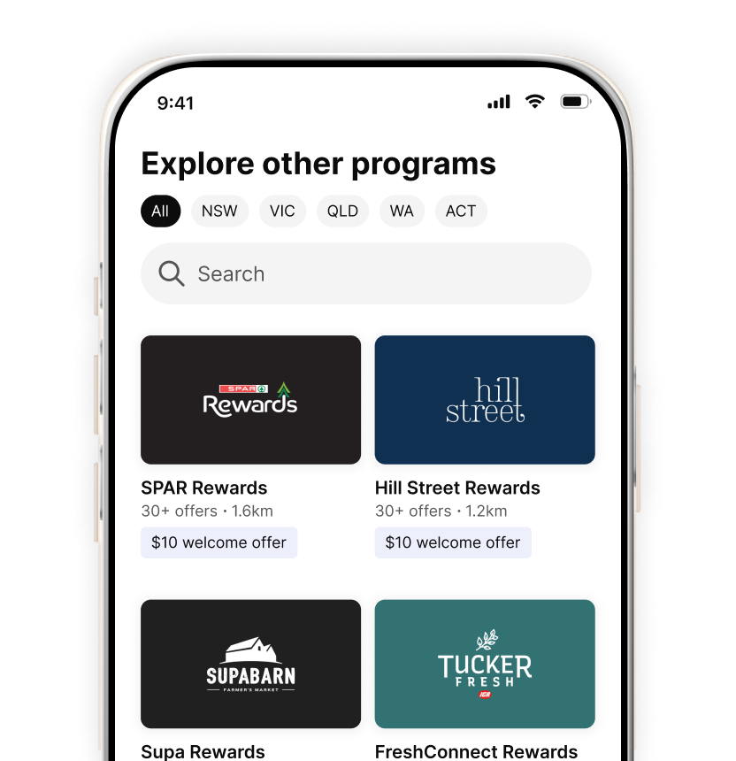 Phone screen showing a rewards programs list with logos, offers, distance, and a $10 welcome offer tag.