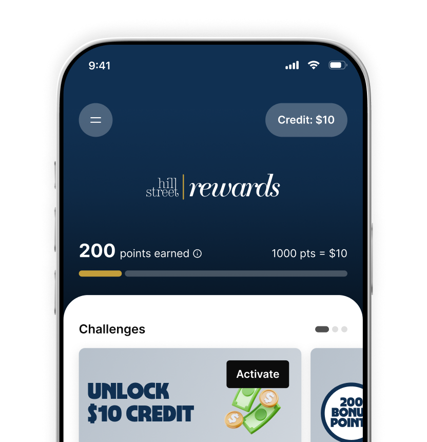 Mobile screen showing 200 points earned in Hill Street Rewards with $10 credit available and challenges section.
